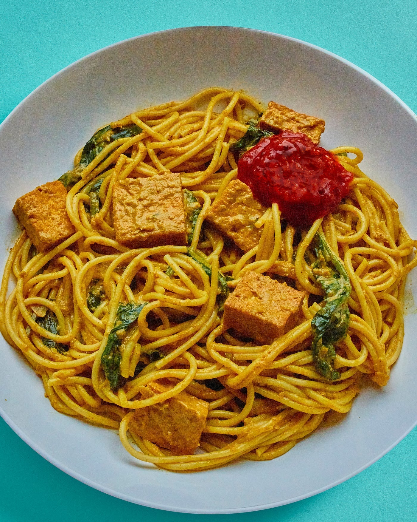 Coconut Curry Noodles with Tofu & Spinach